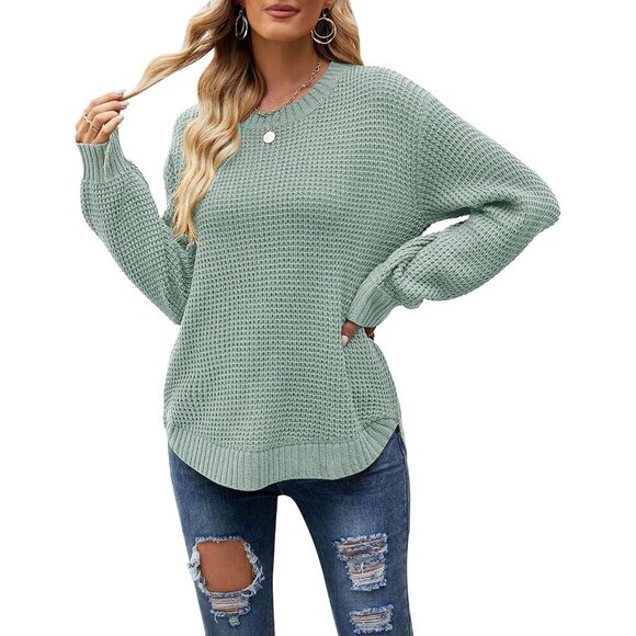 Women's Waffle Knit Sweater Long Sleeve Crew Neck Casual Fall Pullover
